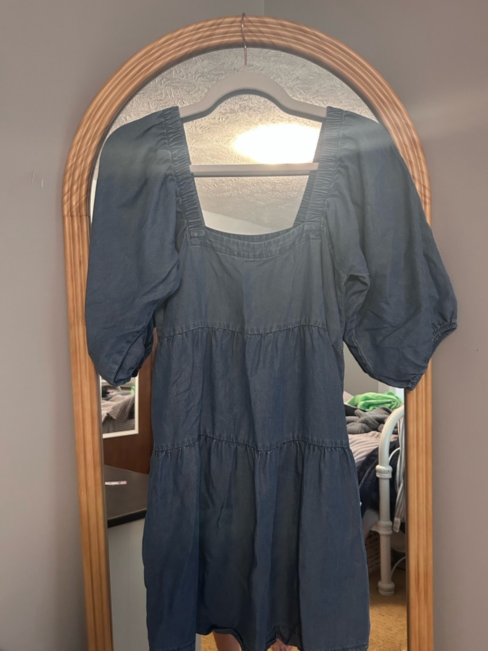 Denim Square-Neck Puff Sleeve Mini Dress - Dark Blue